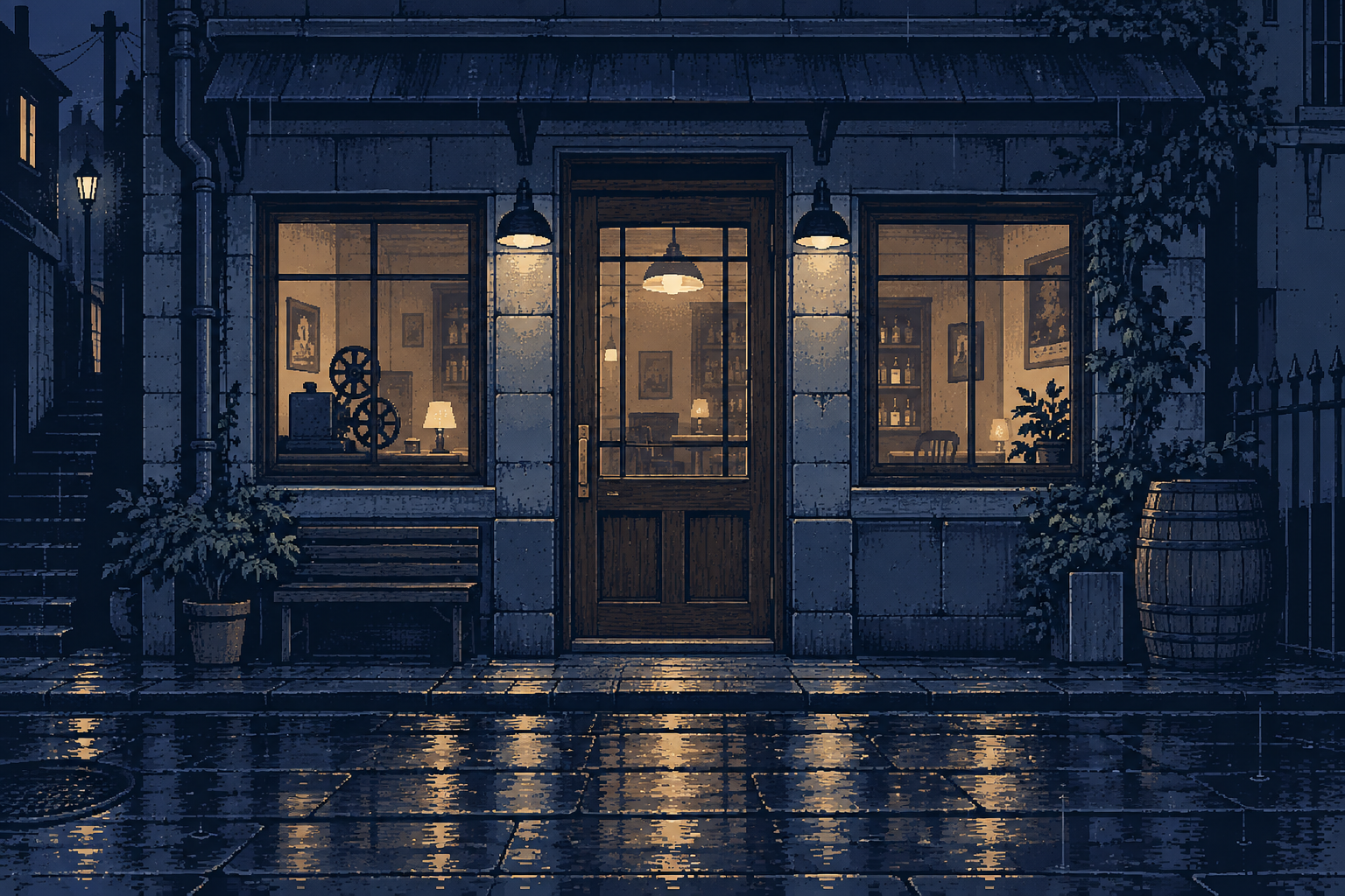 雨夜街道，玻璃门里透出灯光